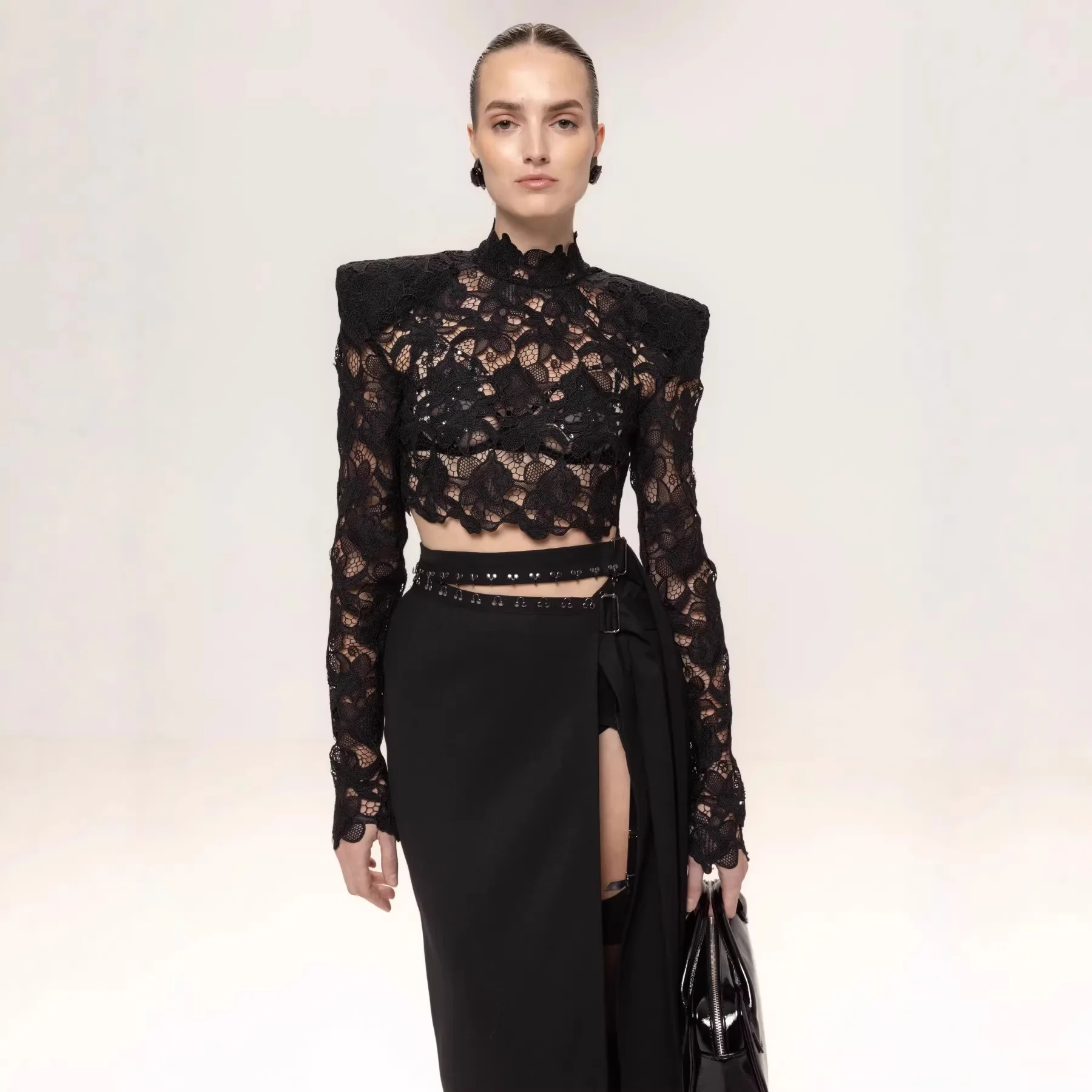 

Fashion Vintage Black Lace 2 Piece Dress Set Chic Padded Shoulder Top With Metal Buckle Slit Skirt For Cocktail Wedding Guest