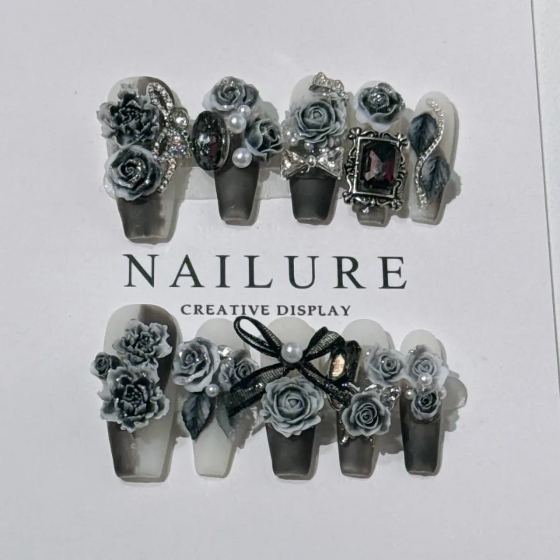 Original Manicure Advanced Carved Black and Rose Red Jiangnan Ink and Wash Style Internet Celebrity Manicure Wear Nail