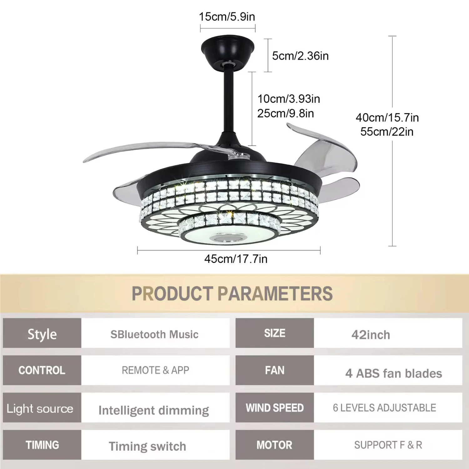 Ventilateur de plafond rétractable avec lumière et haut-parleur Bluetooth, lustre à intensité variable, 42 po