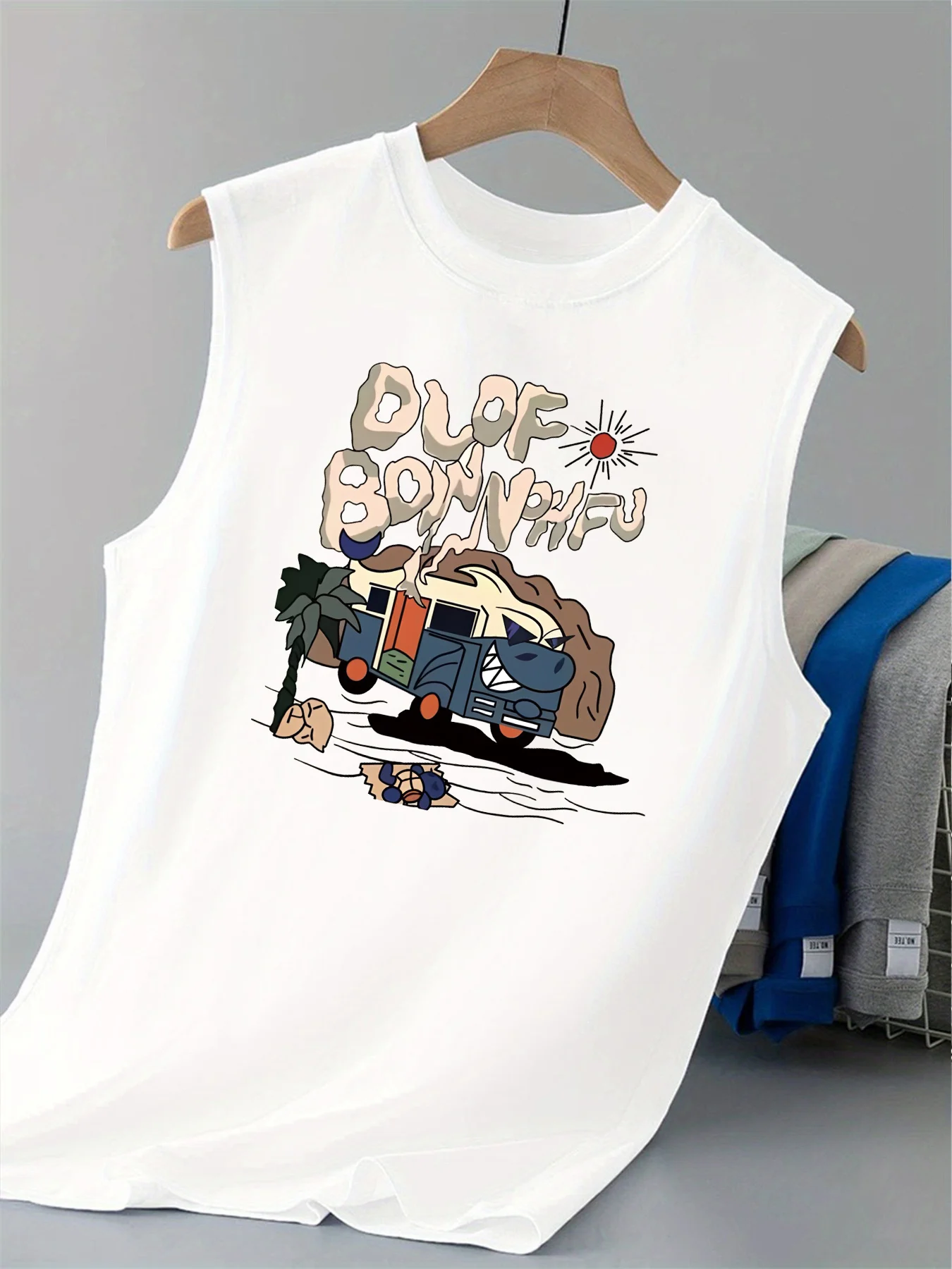 100% pure cotton men's summer fashionable casual cartoon pattern printed fitness breathable loose round neck sleeveless vest