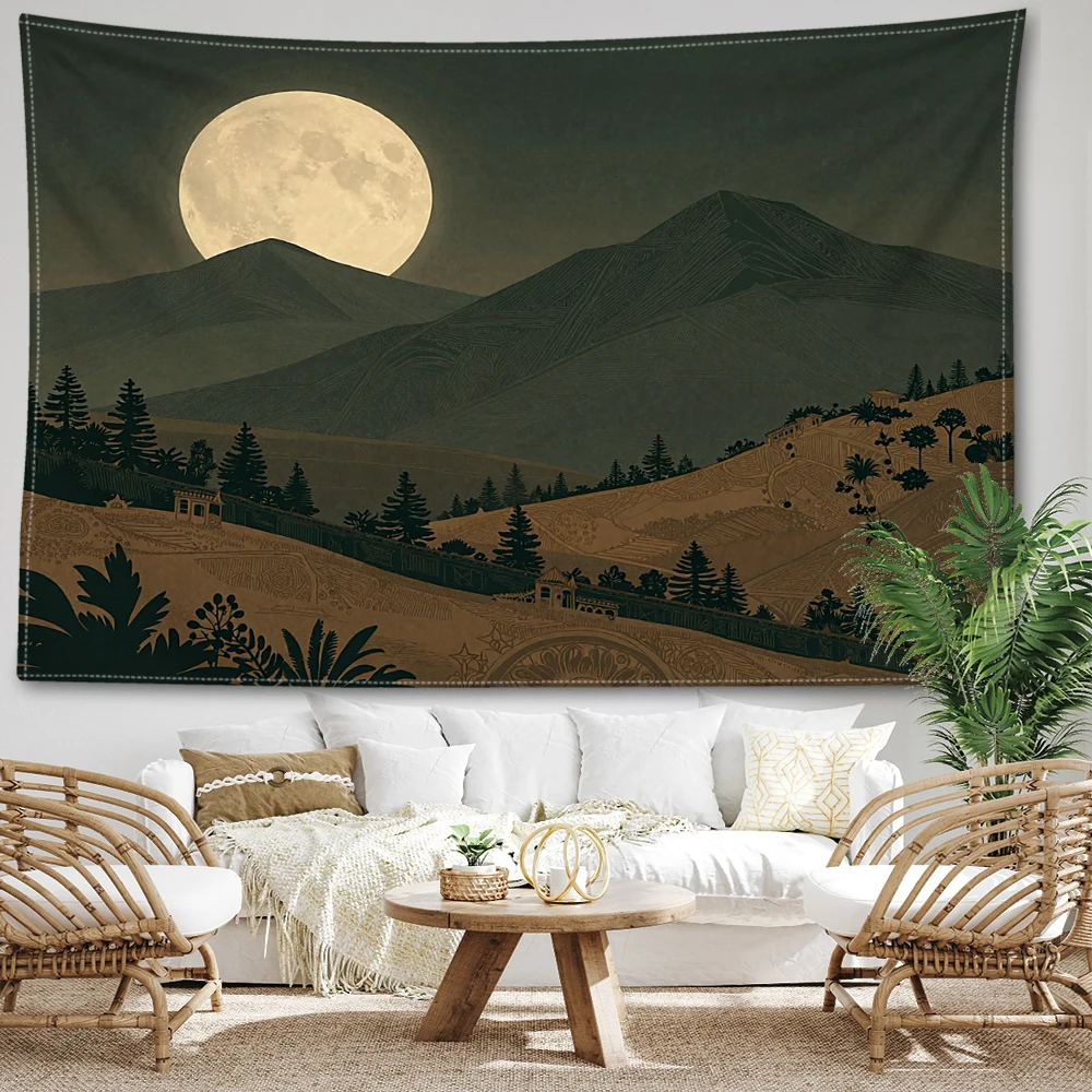 Full Moon Distant Mountain Wild Grass Printed Tapestry Wall Hanging Bohemian Style Bedroom Home Decor