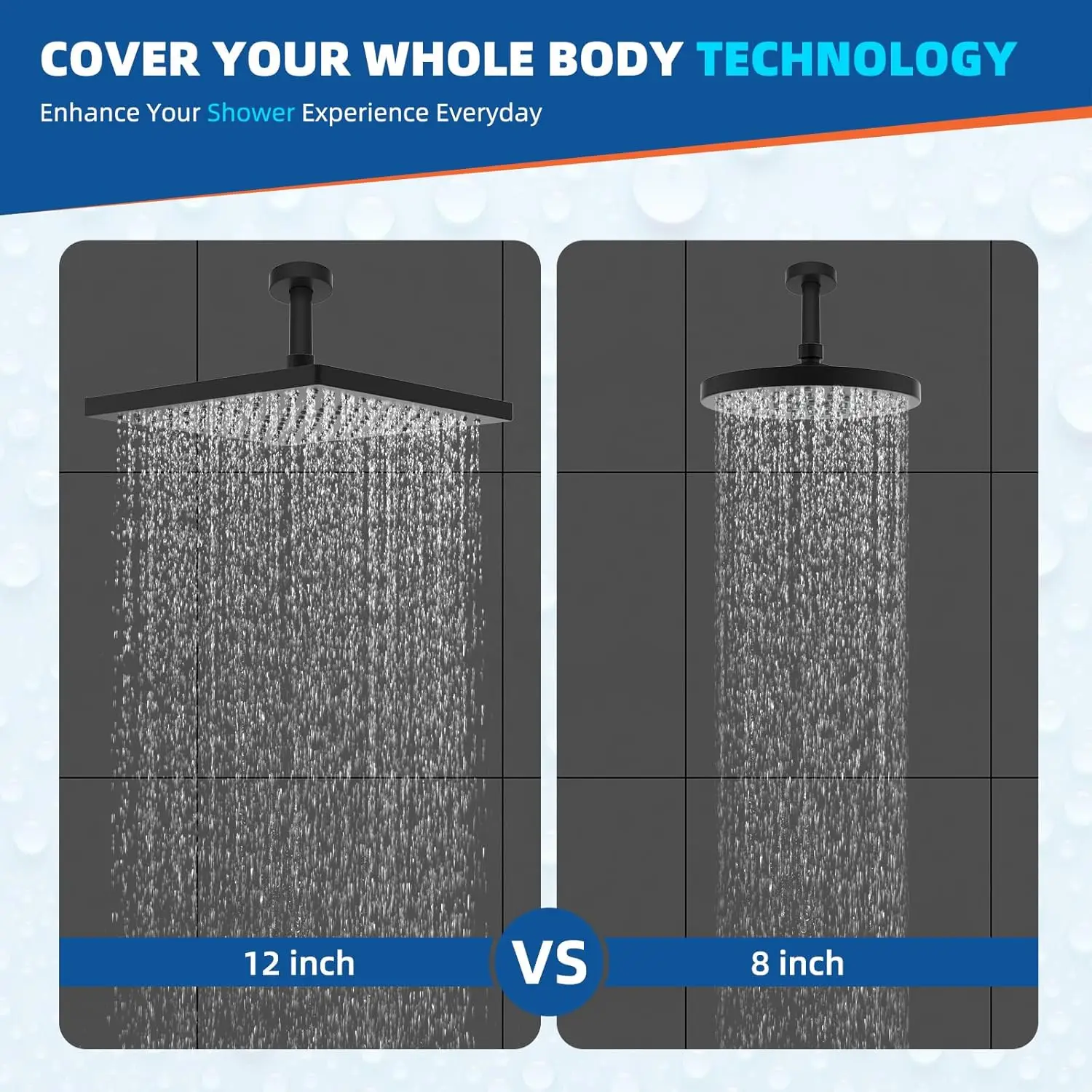 Thickness Metal Rain Shower Head, 12 Inch High Pressure Shower Heads, Square Large Bathroom Rainfall Shower Head with Adjustable