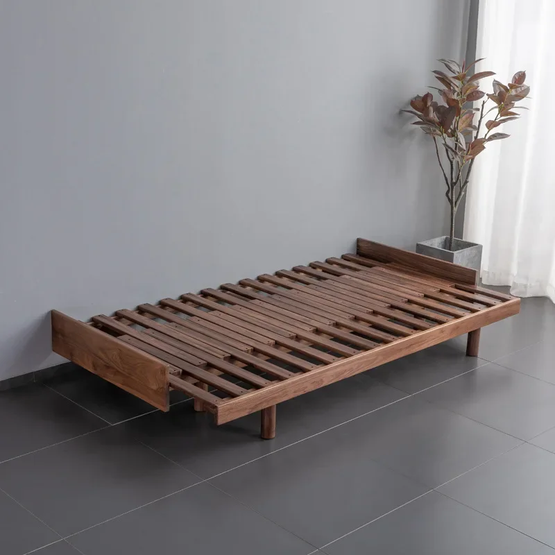 Black walnut sofa bed Solid wood expansion Push-pull bed Living room pull-out tatami Nordic Japanese multi-function