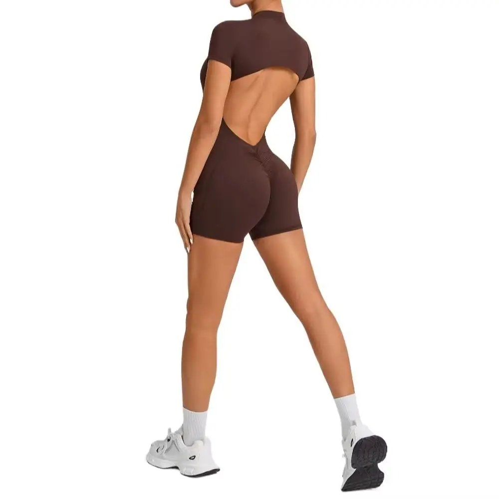 Women Short Sleeve Zip Yoga Jumpsuit Cutout Open Back Scrunch Butt Lift Tummy Control Sweat Wicking Fabric Gym Workout Bodysuit