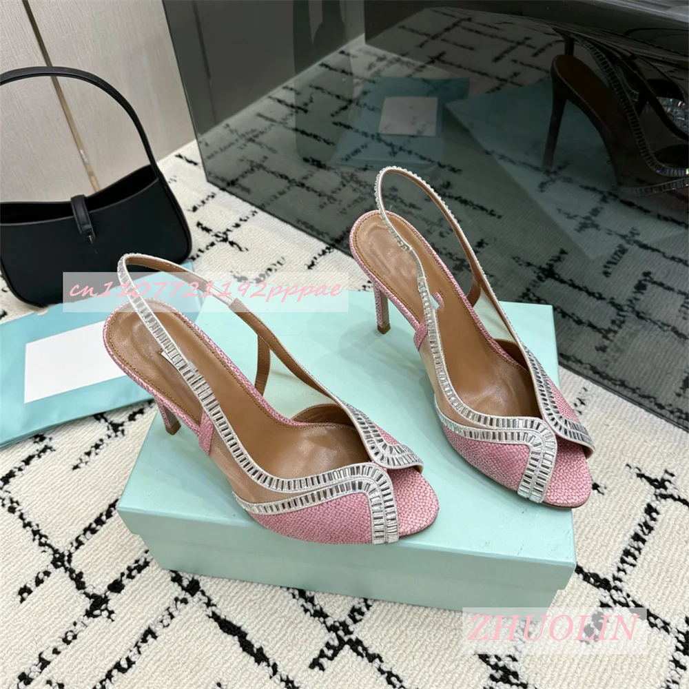 Luxury Genuine Leather High Heel Sandals Women Woven Rhinestone Trim Open Toe Thin Stiletto Elegant Wedding Summer Dress Shoes view 5