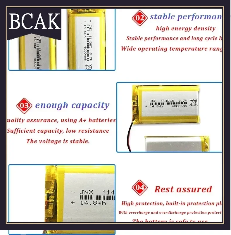 BCAK Style 3.7V 114065 4000mAh Large-capacity Polymer Lithium Cells Bluetooth Speaker Shaver Beauty Instrument Mobile Power Bat