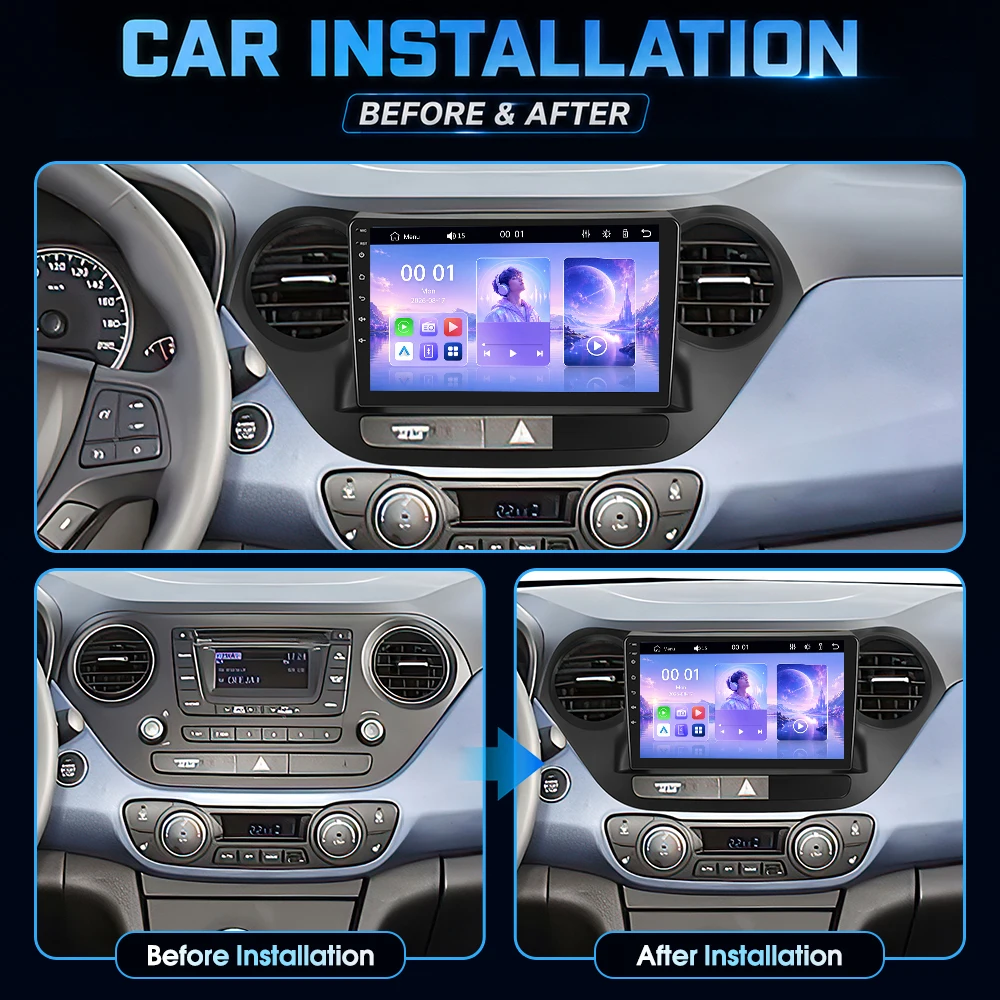 Autoradio stereo Podofo da 9 pollici per Hyundai I10 2014-2017 (guida a sinistra) con CarPlay wireless, Android Auto, Bluetooth, Mirrorlink e lettore multimediale video