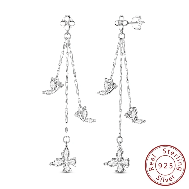 

New 925 Sterling Silver Earring Shining Tassel Zircon Butterfly Studs Earrings For Woman Birthday Jewelry Anniversary Gifts