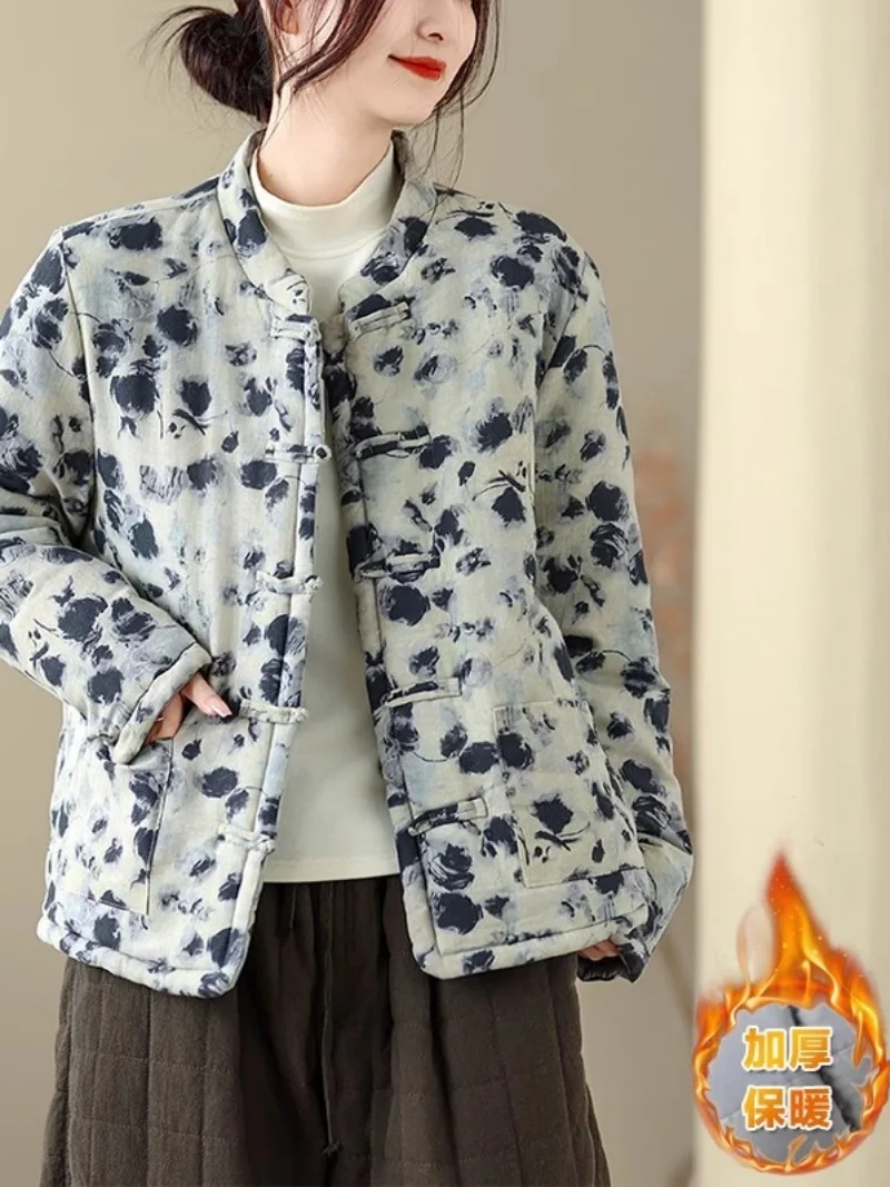 

Printed Chinese Style Zen Clothing Quilted Cotton Coat For Women In Autumn Winter 2025 Casual Short Warm Hanfu Jacket Top w1062