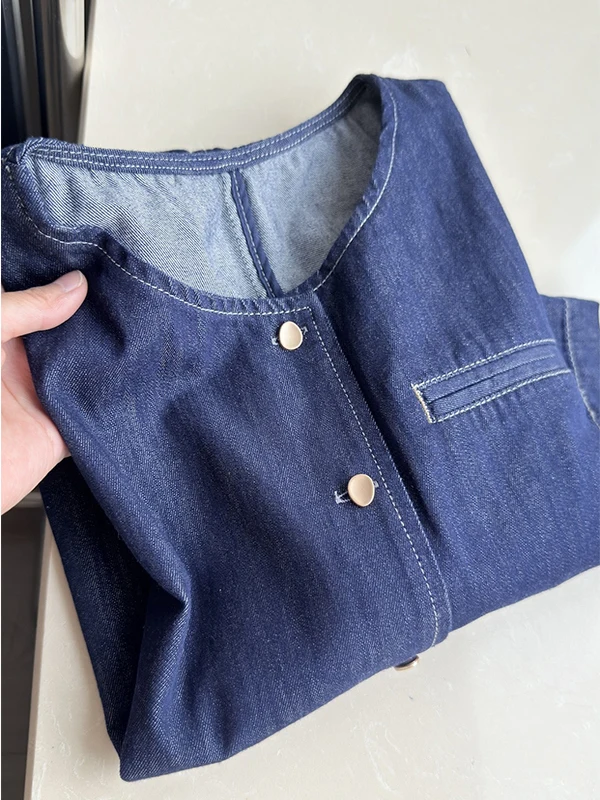 

plus Size 300 Pounds Fat MM Simple Retro Deep Blue Short Sleeve Denim Shirt Women Summer Versatile Open Cardigan Outerwear