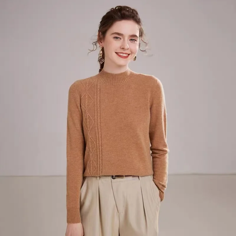 Autumn and winter women's semi high neck cashmere sweater, side diamond grid twisted flower knitted simple pullover sweater