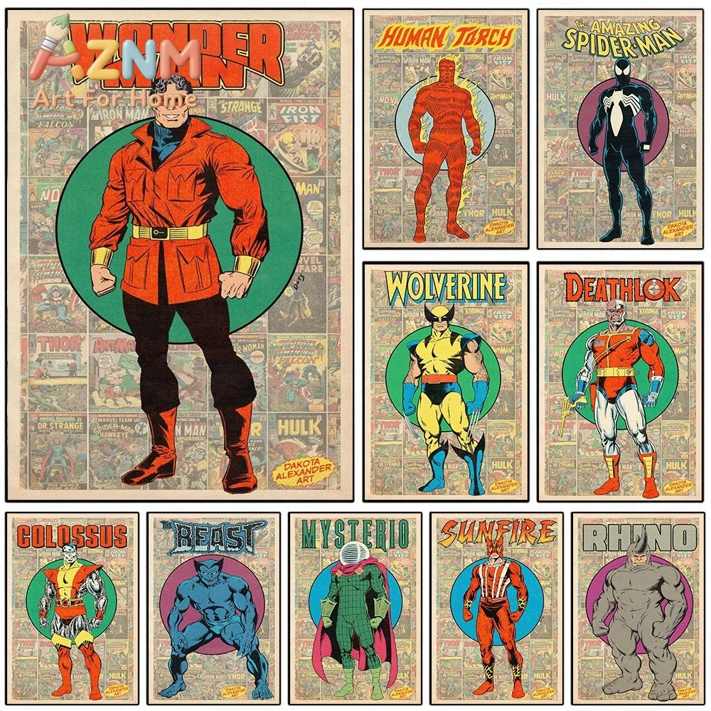 Wonder Man Wolverine Spider Man Human Torch Vintage Marvel Comic Canvas Wall Art Unframed Single Canvas Print Superhero Poster