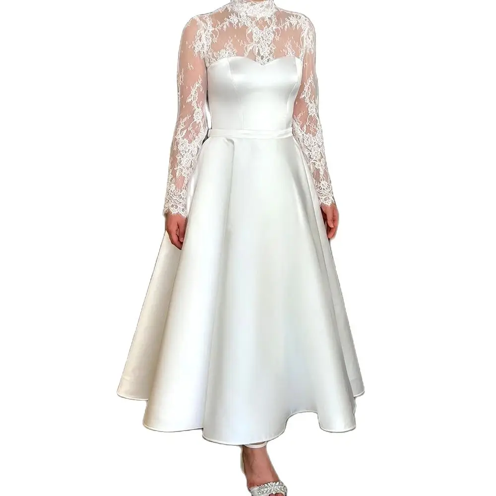 Elegant White A-line Wedding Dresses High Neck Lace Long Sleeve Tea-Length Formal Wedding Party Bridal Gown Custom Made Vestidos