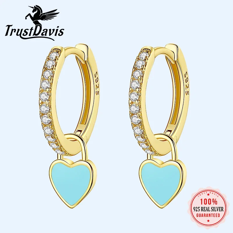 TrustDavis Real 925 Sterling Silver Glaze Heart Dangle Hoop Earrings For Women Wedding Party Fine Dazzling CZ Jewelry DA2745