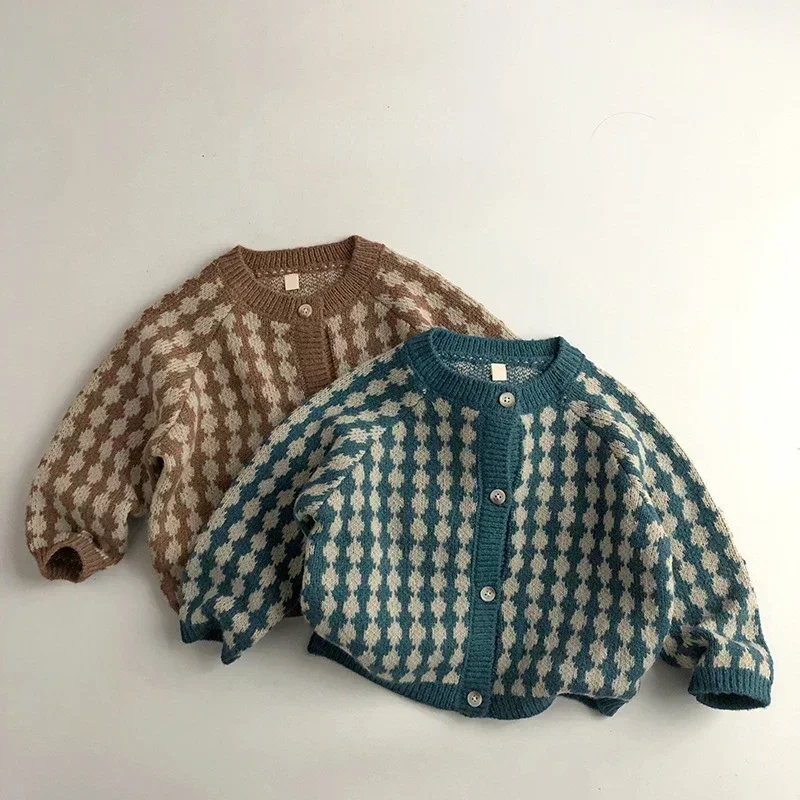 

2025 New Children Clothes Pastoral Plaid Cardigan Autumn Winter Boy's Sweater Plaid Girl's Knitted Coat for 1-7Years Old