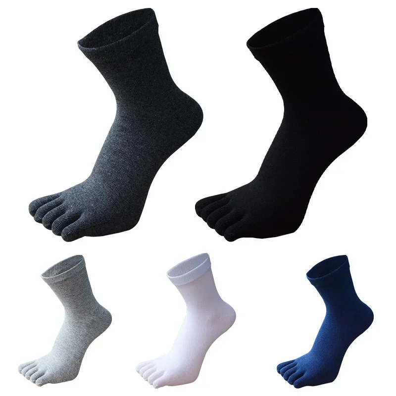 Calcetines deportivos de algodón para hombre, medias de cinco dedos, Color puro, negro, azul, gris, talla grande, Otoño e Invierno