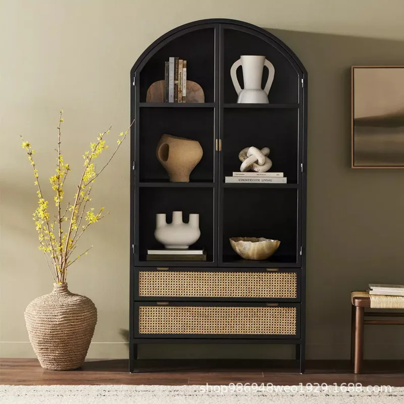 French medieval solid wood bookcase light luxury black glass door display American retro wine cabinet factory light luxury