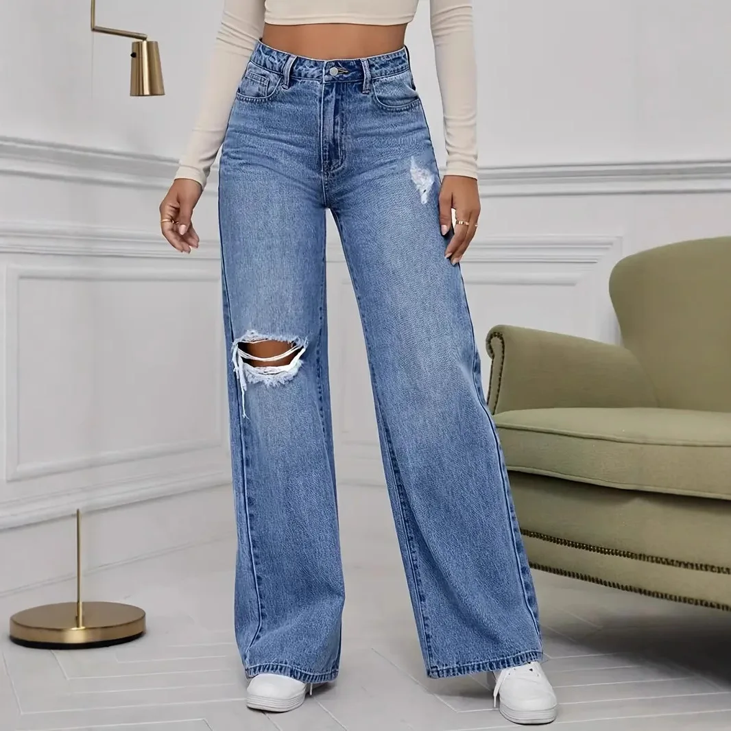 

Fashion Ripped High-waisted Wide-leg Jeans. Women's New Four Seasons Fashionable and Versatile Casual Washed Floor-length Jeans