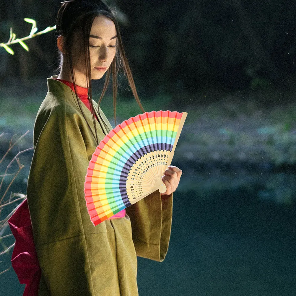 2pcs Folding Bamboo Frame Rainbow Hand Cloth For Wedding Party Decor Handheld Festival Prop Gift Lightweight