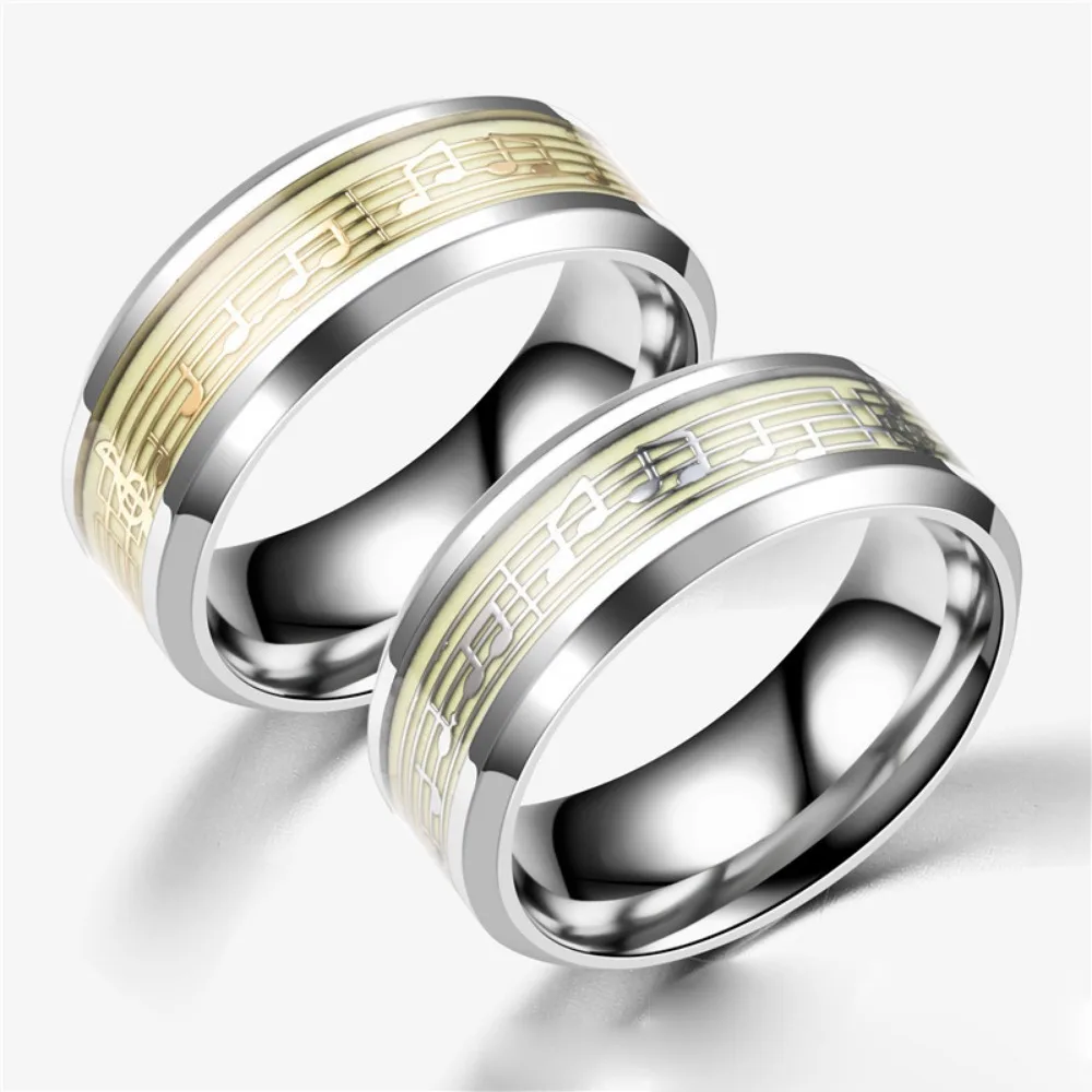 Glow-in-the-Dark Piano Music Note Stainless Steel Rings - Perfect for Casual Attire & Parties