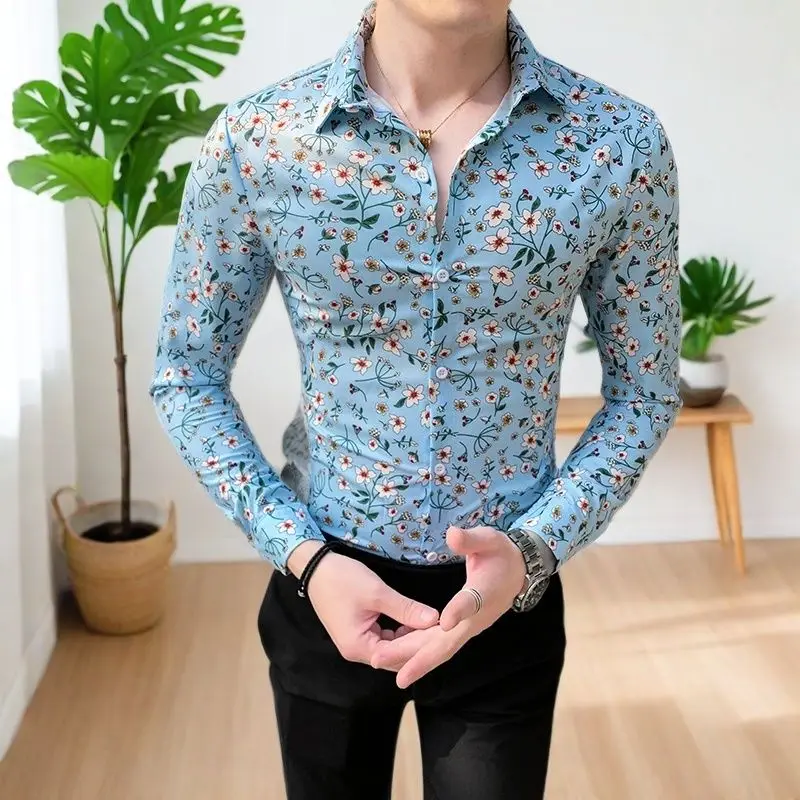 Men's New Long-sleeved Shirt Printed Casual Trendy Korean Version of Unsilent Shirt Handsome Floral Hairstylist JJ837