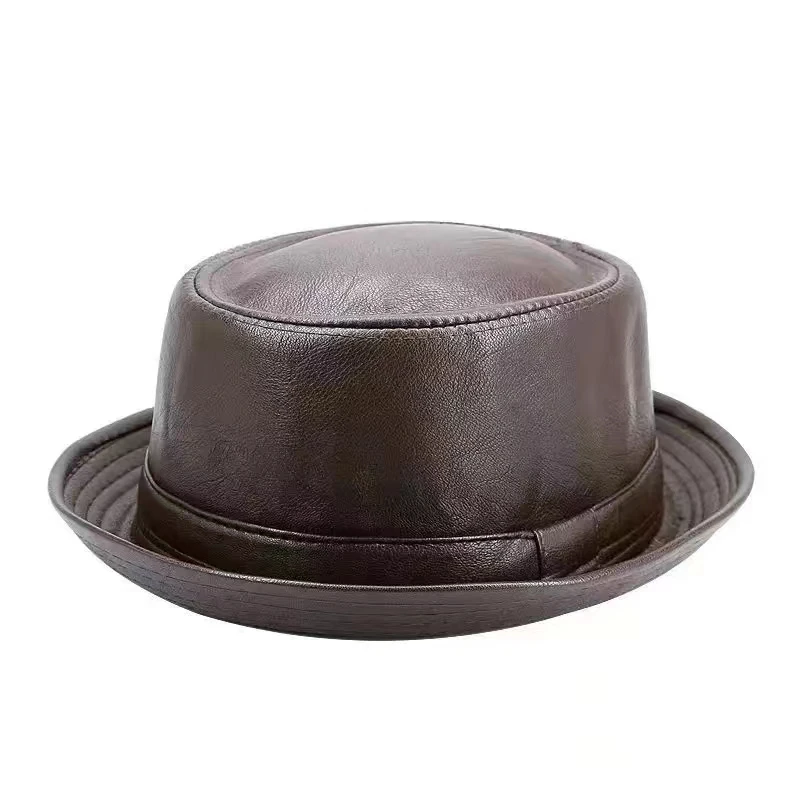 New Fashion Men Black Leather Trilby Hat Male Fedora Cap Retro Women Autumn Brand Porkpie Caps Men\'s Vintage Jazz Hats