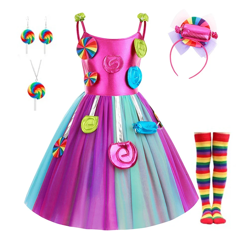 Disfraz de Lollipop para niña, traje de princesa de Halloween, juego de rol de caramelo, vestido de carnaval, Purim, Vestidos de fiesta, lindos Vestidos de arcoíris