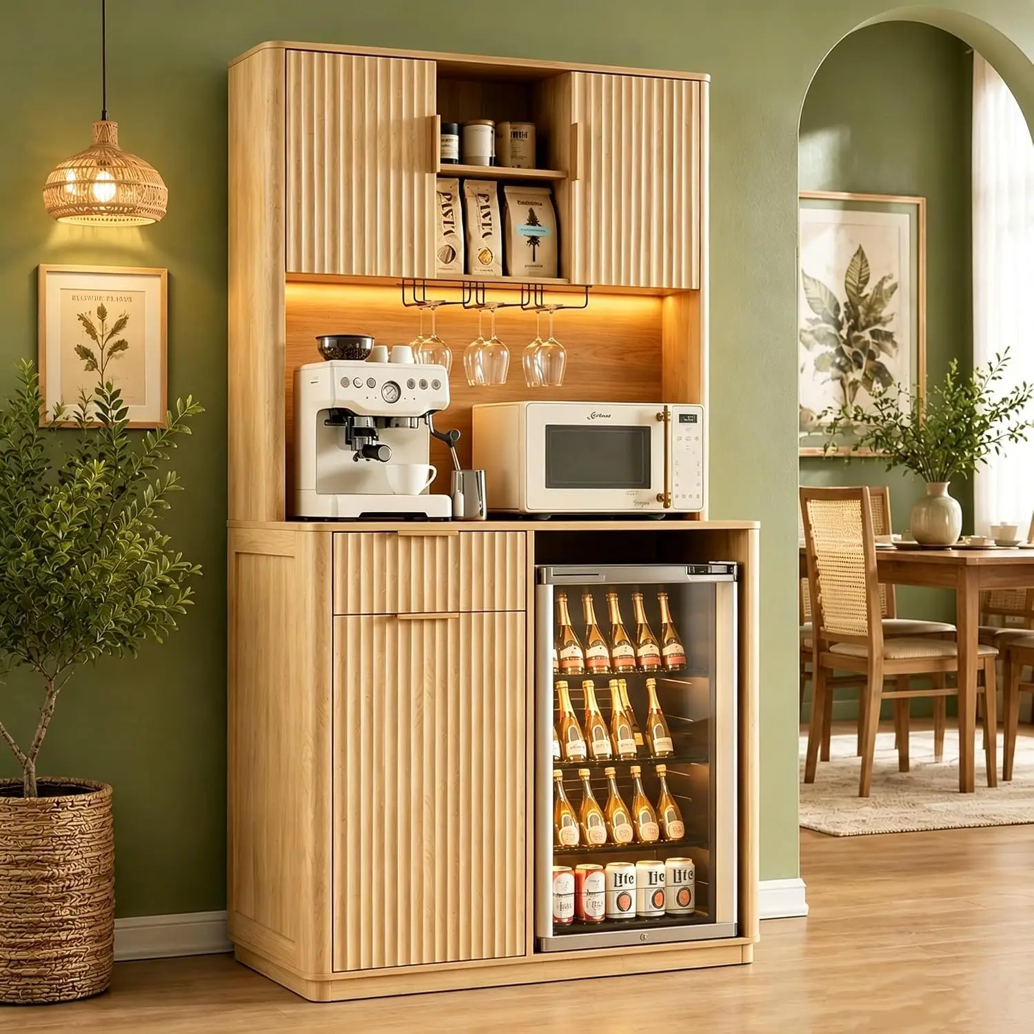 74''Tall Coffee Bar Cabinet with Mini Fridge Space, Mini Fridge Cabinet with Storage, Power Outlet, Wine Bar, Customized