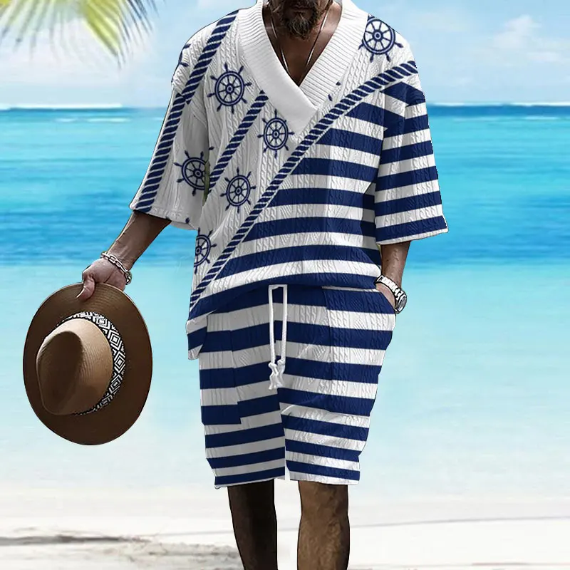 

2024 Summer New Men's Set Stylish Casual Hawaiian Style Beach Vacation Men's Clothing V-neck T-shirt And Shorts Two-piece Set