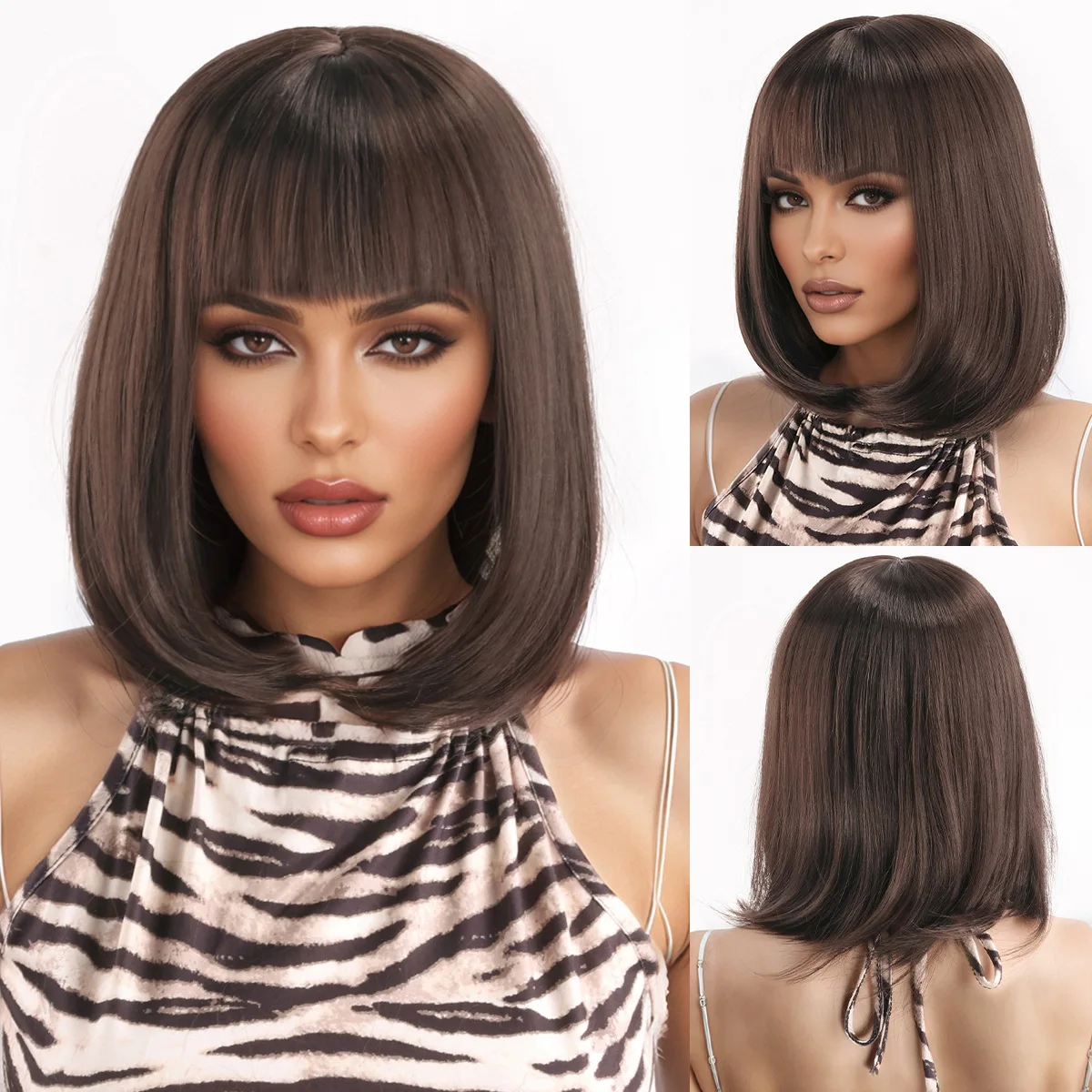 Synthetic Ombre Short Wig for Women, Black Brown Ash Blonde Gradient Bob, Air Bangs, Cosplay Party Daily Wear, Natural Looking