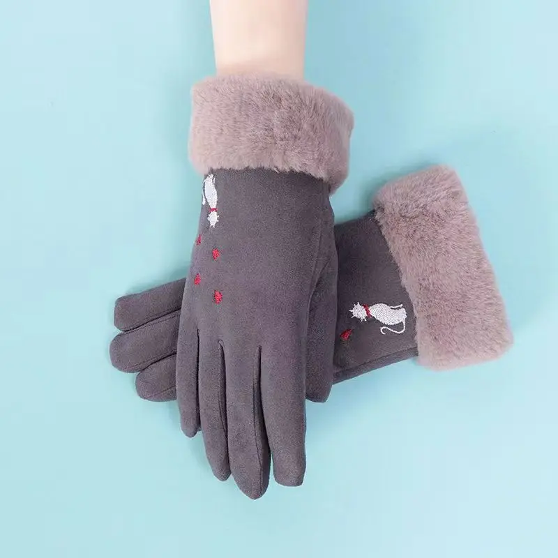 Guantes de invierno para mujer, manoplas de dedo completo con bonito bordado de gato, peludo, cálido, para deporte al aire libre, T161