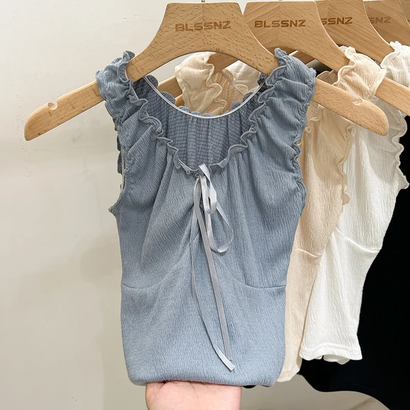 

Korean Style Solid Pleated Edge Tank Top Women Summer Sleeveless Sexy Bow V-neck Slim Tops Femme Simple Sweet Cute Vests Y2K
