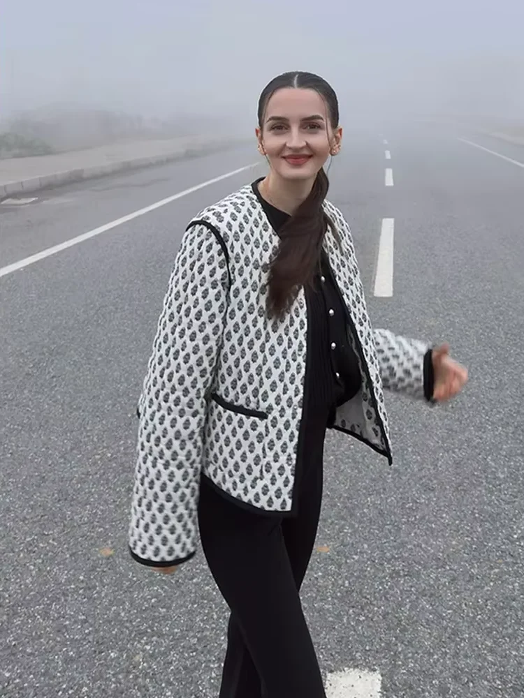 

Printed Cropped Jacket Women's Loose Crew Neck Single Breasted Long Sleeve Double Pockets Commuter Coat Spring Summer New