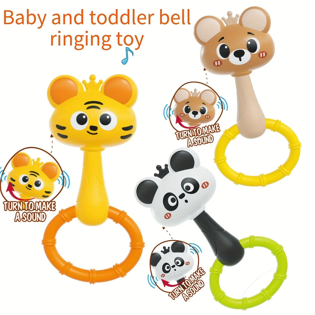 Bear & Tiger Hand Chime Toy - Learning Sensory Toy with Music & Sound, Fine Motor Skills Development, Gripping Activity