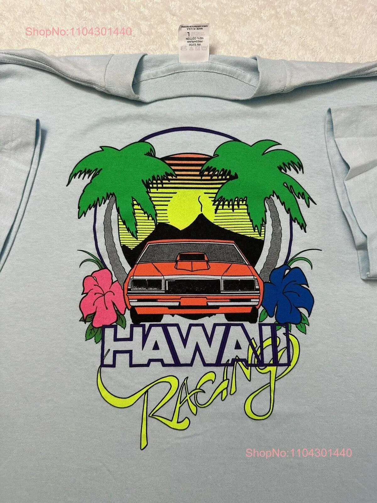 

Винтажная футболка 1980-х 80-х годов Hawaii Racing Retro Race Car Roadster Neon Surf L НОВАЯ футболка с длинными или короткими рукавами