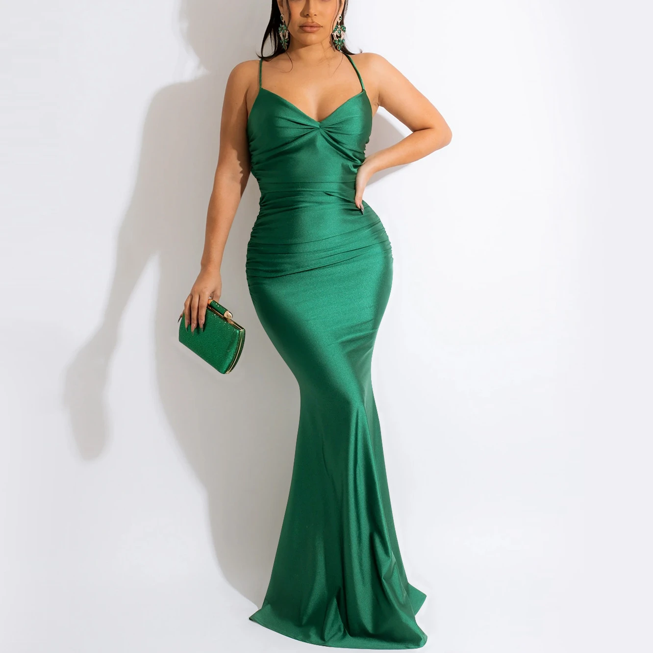 

Sexy Backless Sleeveless Suspender Formal Occasion Evening Dress High Waist Lace-up Green Long Dresses Elegant Party Dress Women