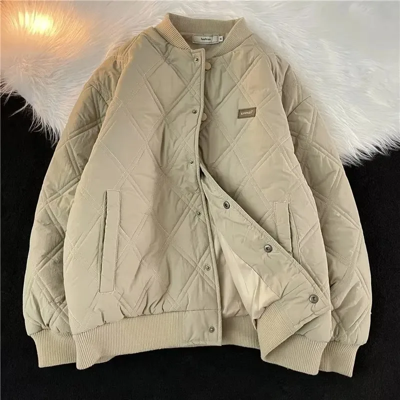Trendy Diamond Pattern Men's Cotton Jaet Baseball Sle Coat Autumn Winter Thiened Youth Casual Loose Fit