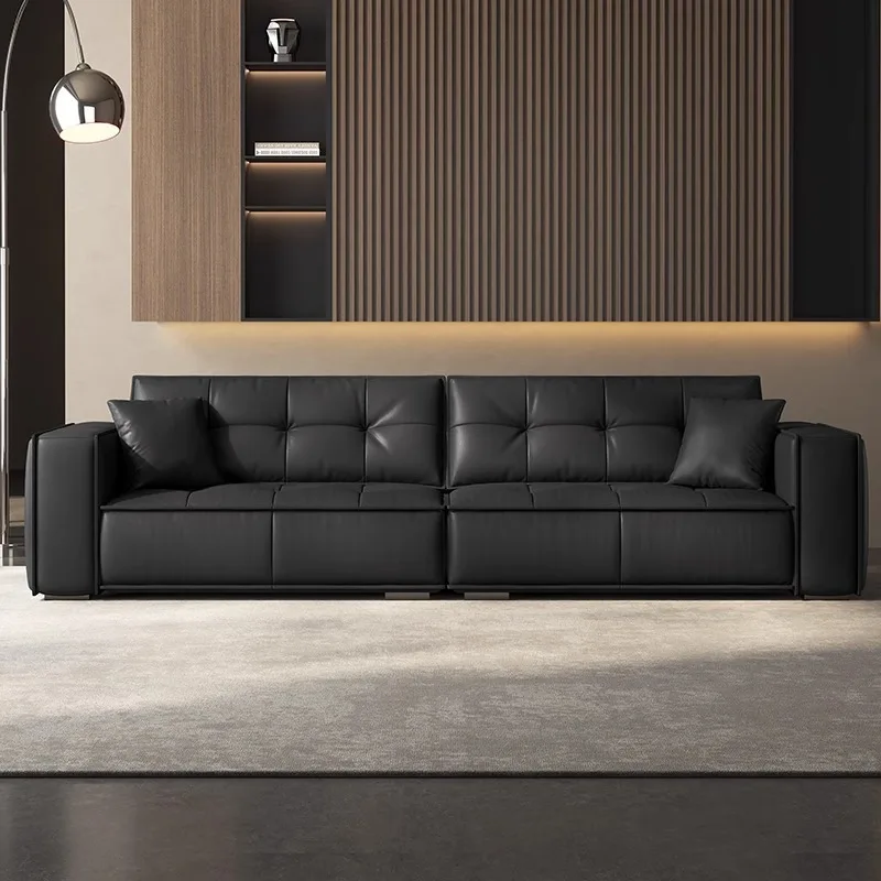 Foshan Furniture Italian Minimalist First Layer Cowhide Leather Sofa Living Room Premium Black Straight Row Leather Art Sofa