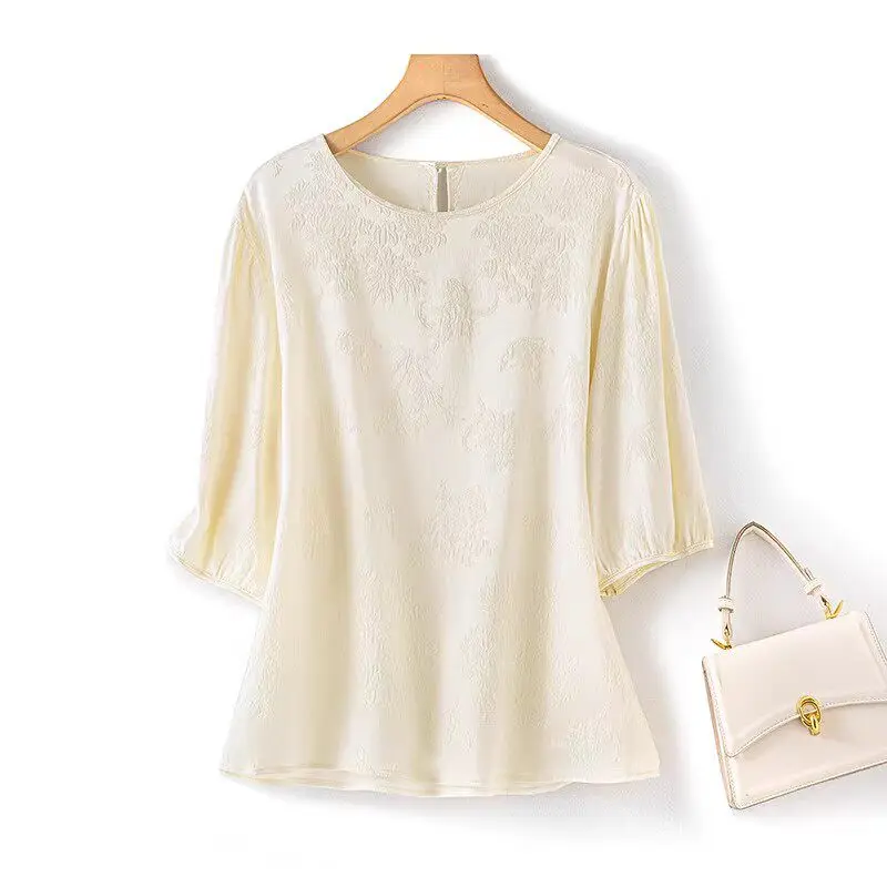 Winsleter-93%Silk 7%Spandex Guanle Satin Elegant T-Shirt, Half Sleeve Jacquard, Women OL Retro Loose Tops, 2026 Summer T64565CC
