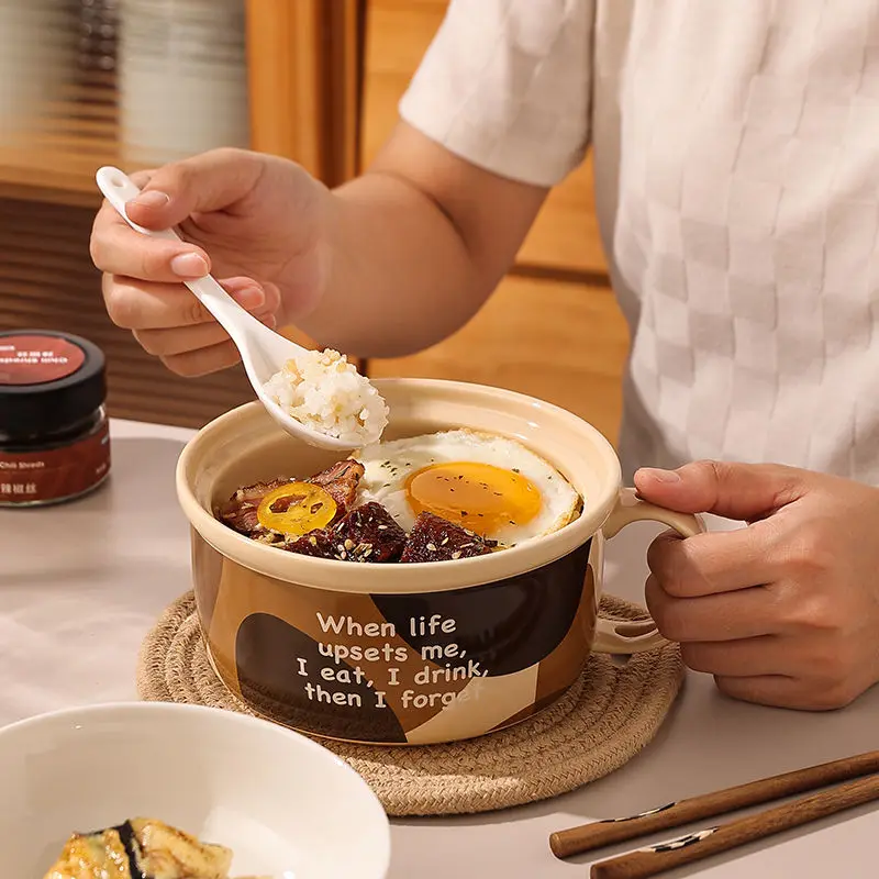 Fun Instant Noodle Bowl High-value with Cover Bowl Office Workers Large-capacity Instant Soup Cup Household Ceramic Bowl