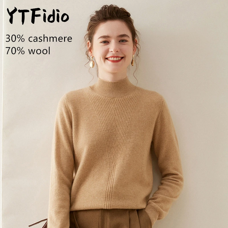 YTFidio-Suéter de lã merino de caxemira para mulheres, manga comprida, gola meia alta, mockneck, jumpers casuais, malha sólida, tops de pulôver, 105