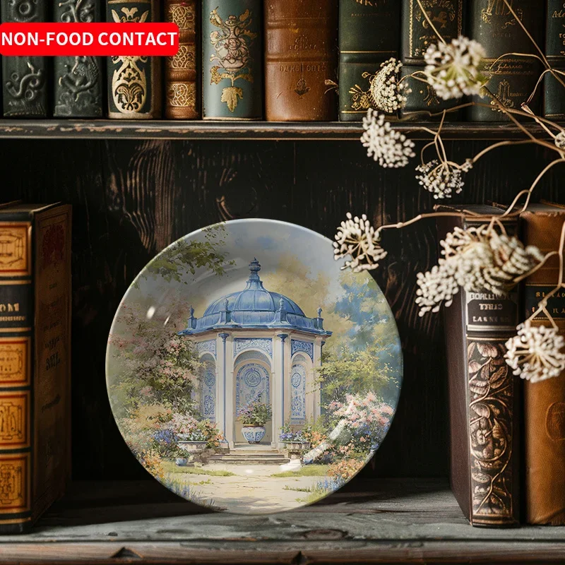 1pc Garden Pavilion Ceramic Decorative Plate - Hand-Painted Floral and Tree Design, Non-Food Contact, Ideal for Jewelry