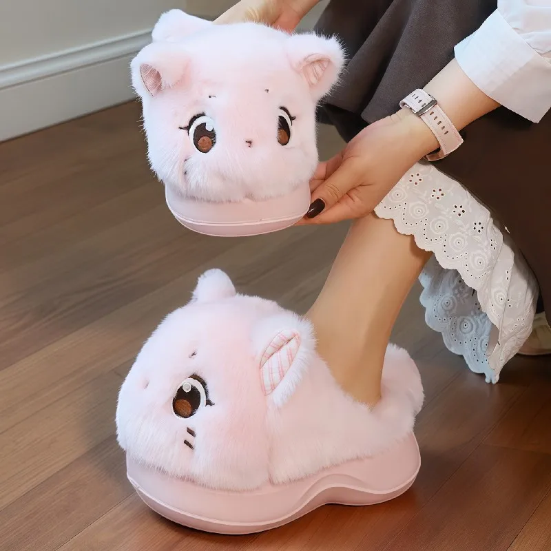 Pink Fluffy Cat Slippers Women High Heels 5.5 cm Kitty House Shoes Ladies Chunky Elevator Wave Bottom Slippers Home Kitten Mules