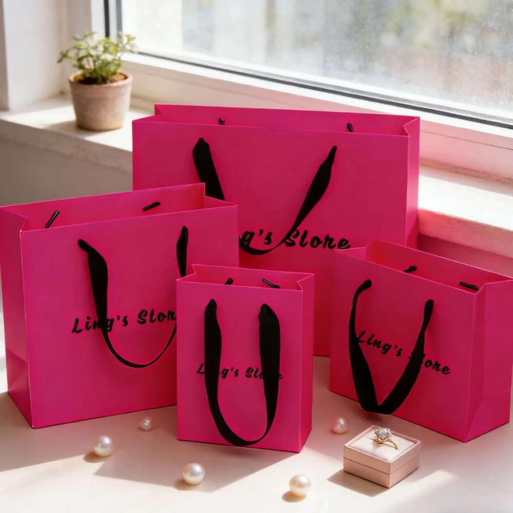 

Custom Logo Pitay Jewelry Gift Handbag with Handle Rose Paper Shopping Tote Pouch with Ribbon for Boutique Small Business Travel
