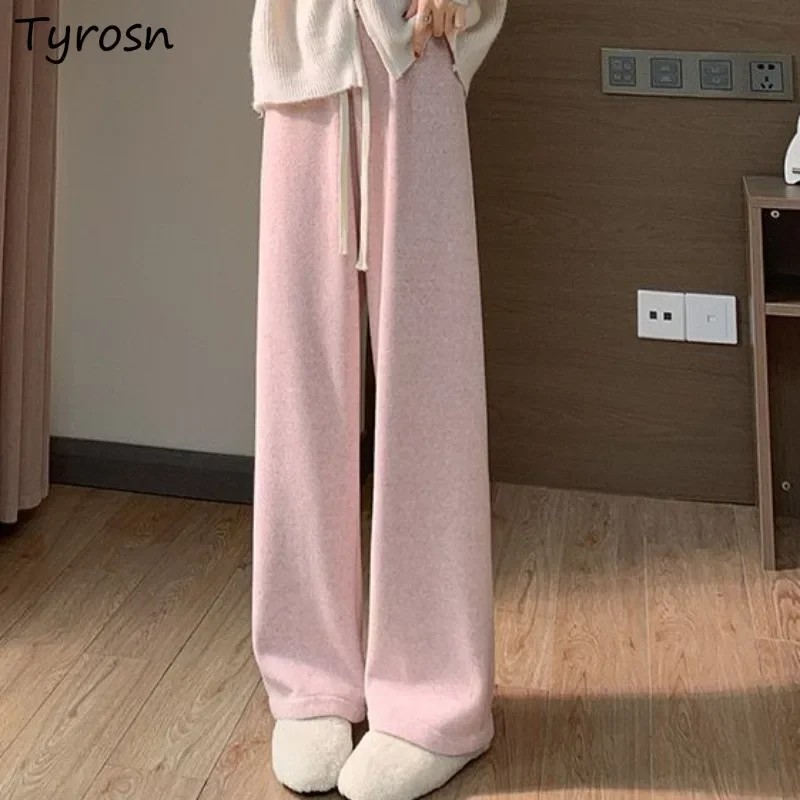 

Knitting Casual Pants Women Preppy Style All-match Autumn High Waist Straight Wide Leg Pant Female Streetwear Comfortable Chic