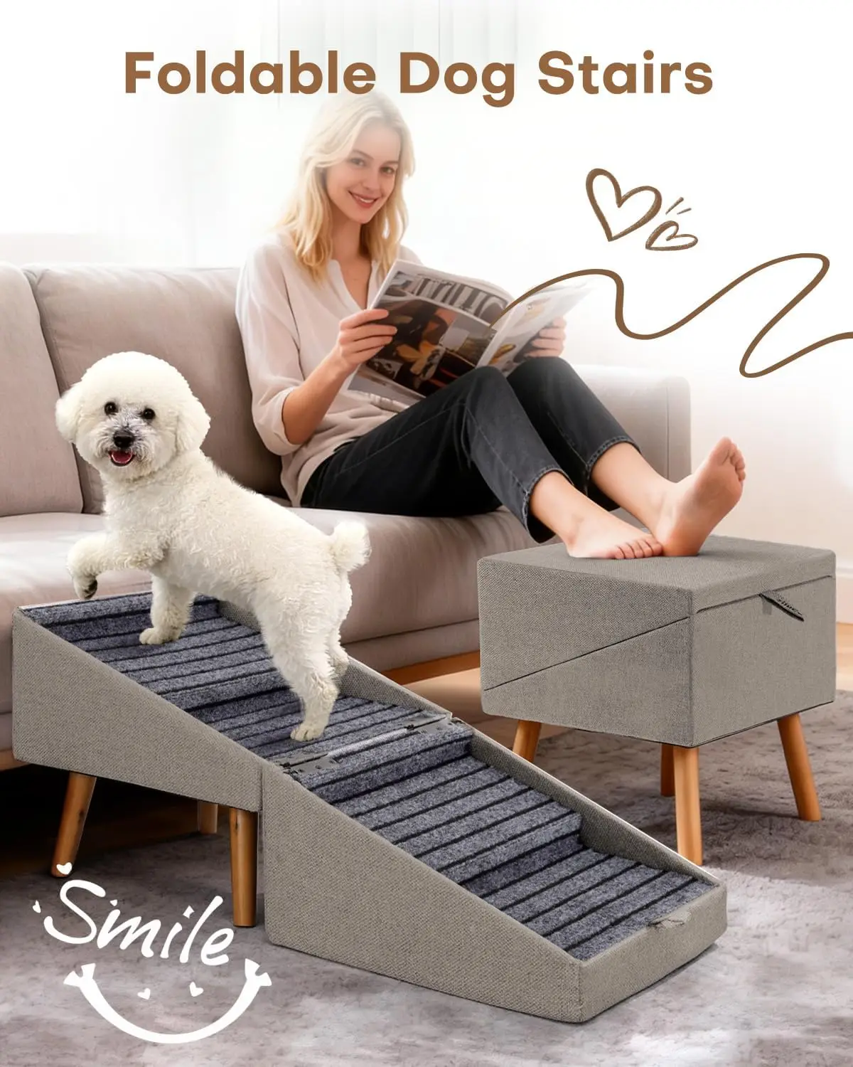 Dog Ramp for Bed & Couch, Dog Stairs 21.06 inches High for Large/Medium/Small Doggie,Split Ottoman Foldable 2 in 1 Wooden Pet St