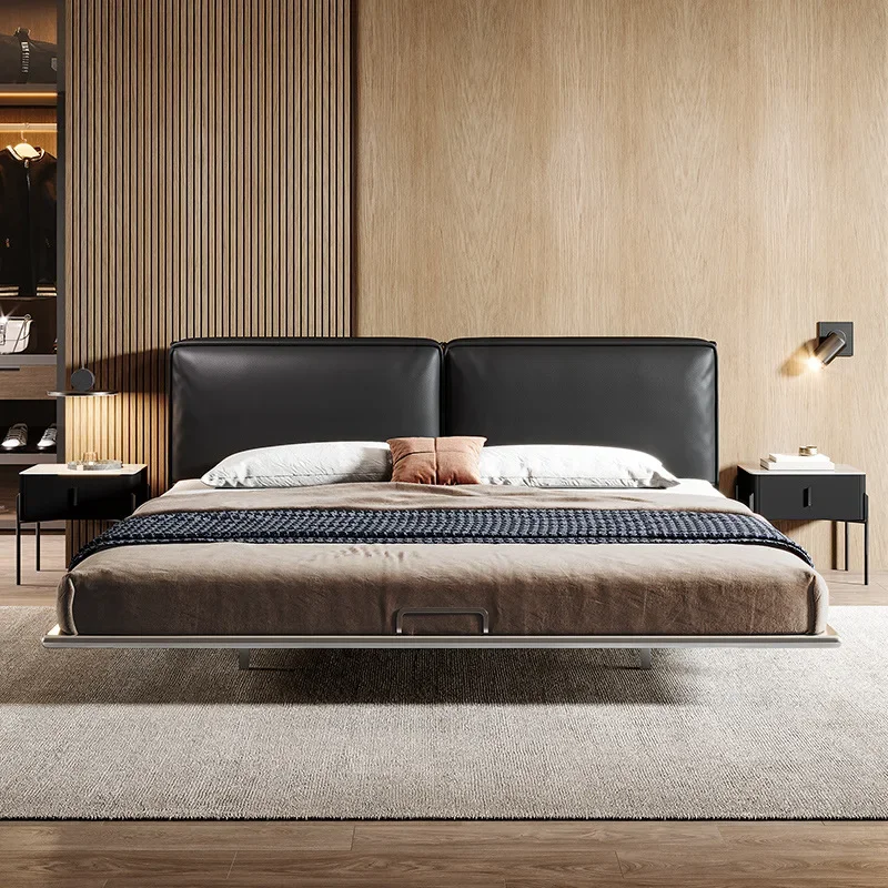 Italian minimalist leather bed, flush-edged double, master bedroom marriage bed