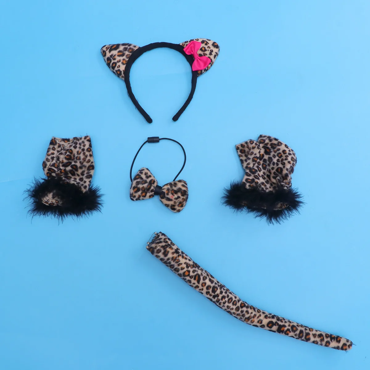 4Pcs Leopard Headband Tie Tail Gloves Set Funny Halloween Party Costume Masquerade Cosplay Holiday Animal Props Accessory