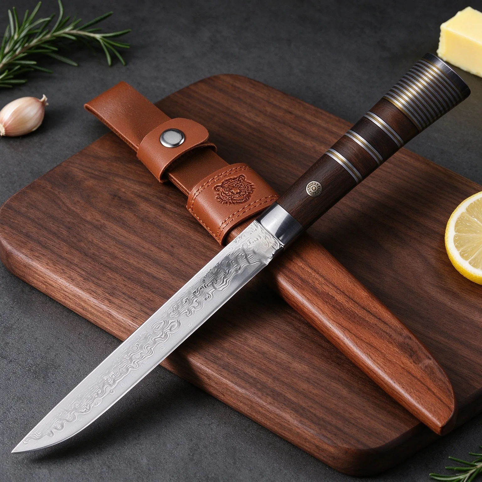 Professional kitchen knife - Damascus steel high-end bone-cutting knife with wooden handle - chef's knife - kitchen sharp cookin