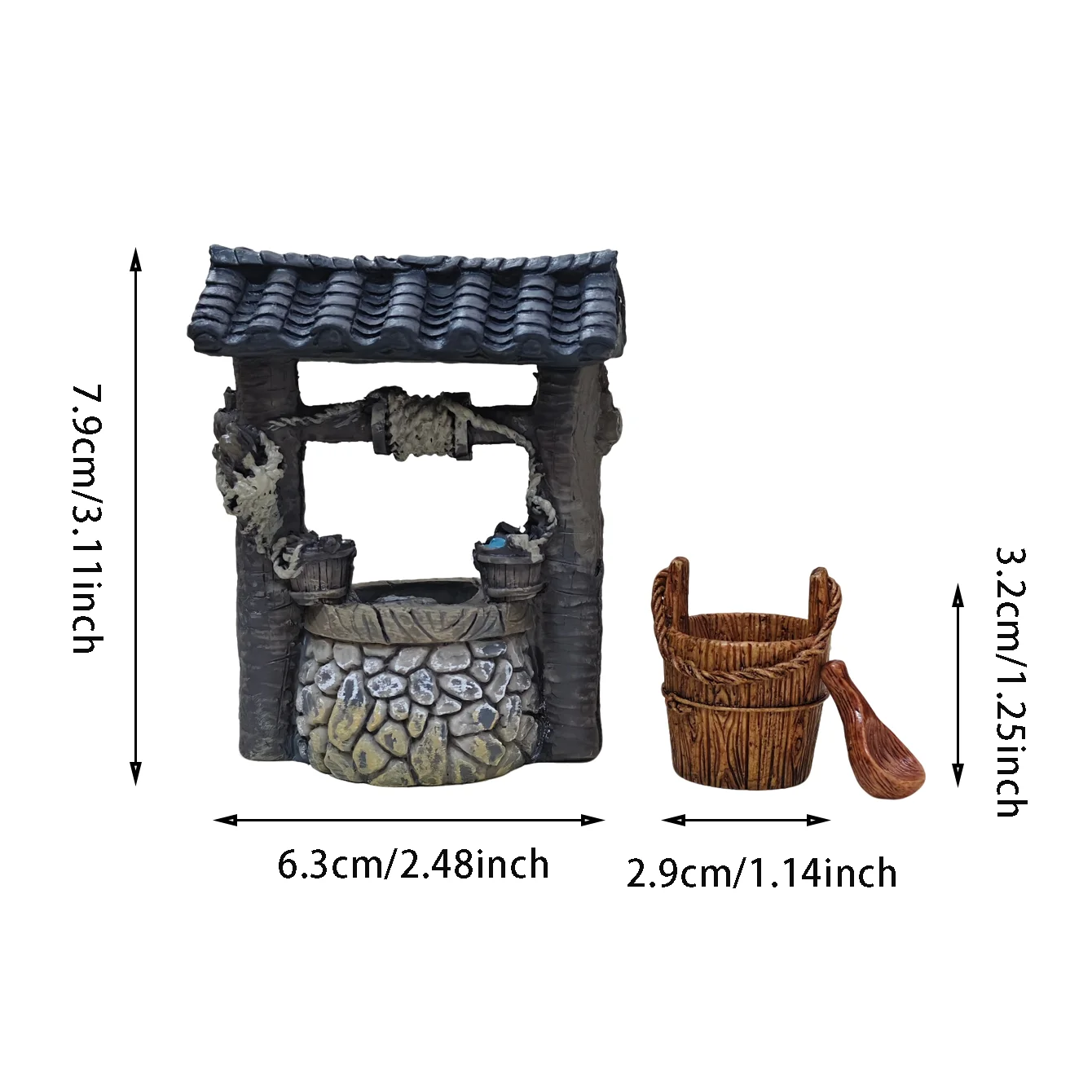 3-teiliges Vintage-Miniatur-Brunnen-Display-Set, Puppenhaus-Bauernhof-Brunnen- und Eimer-Set, Mikro-Landschaftsgarten-Dekorationszubehör – Detail 5